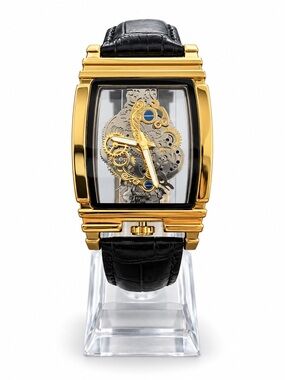 Men's Gold Skeleton Watch with Black Leather Strap